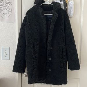 American Eagle Faux Fur Shearling Pea Coat in Black XXS